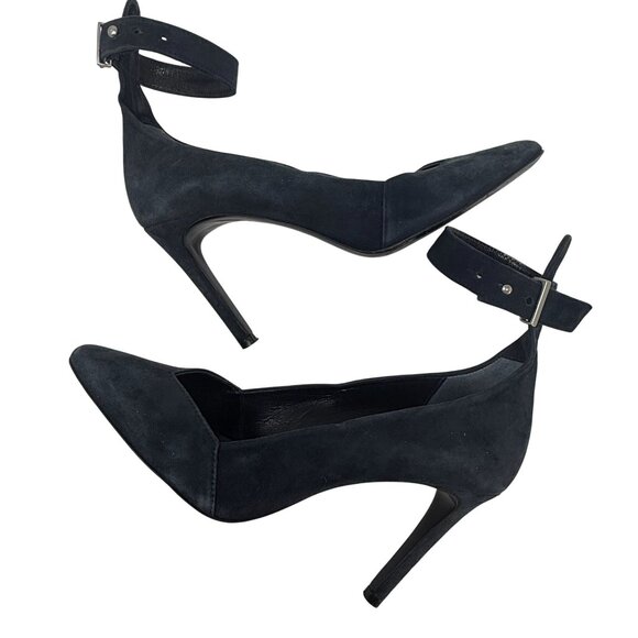 Maje Blue Suede Heels Detachable Brown Faux Fur Cuffs Pointed Toe 37 US 6.5 - Picture 4 of 12